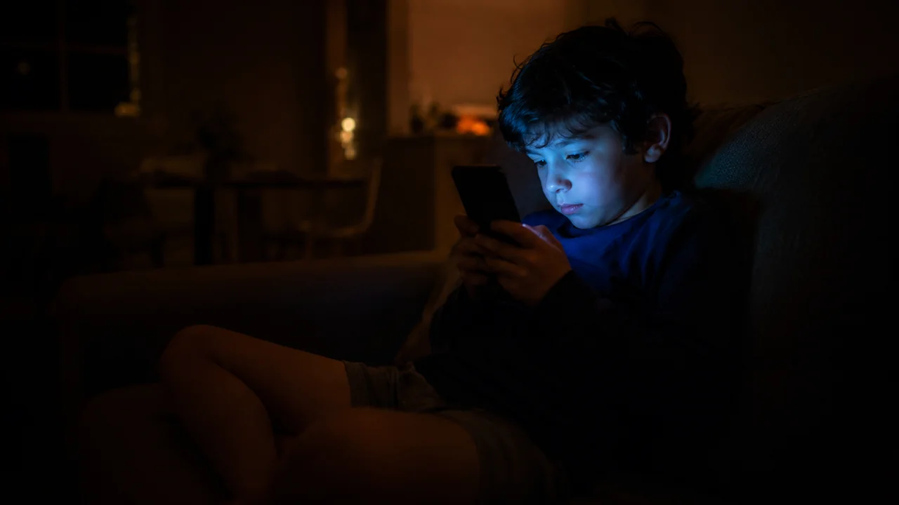 Criança absorvida na tela de um celular num quarto escuro
